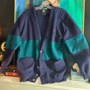 Vintage 80s 90s Classic Navy and Teal Cardigan by Knights Of Round Table Size M